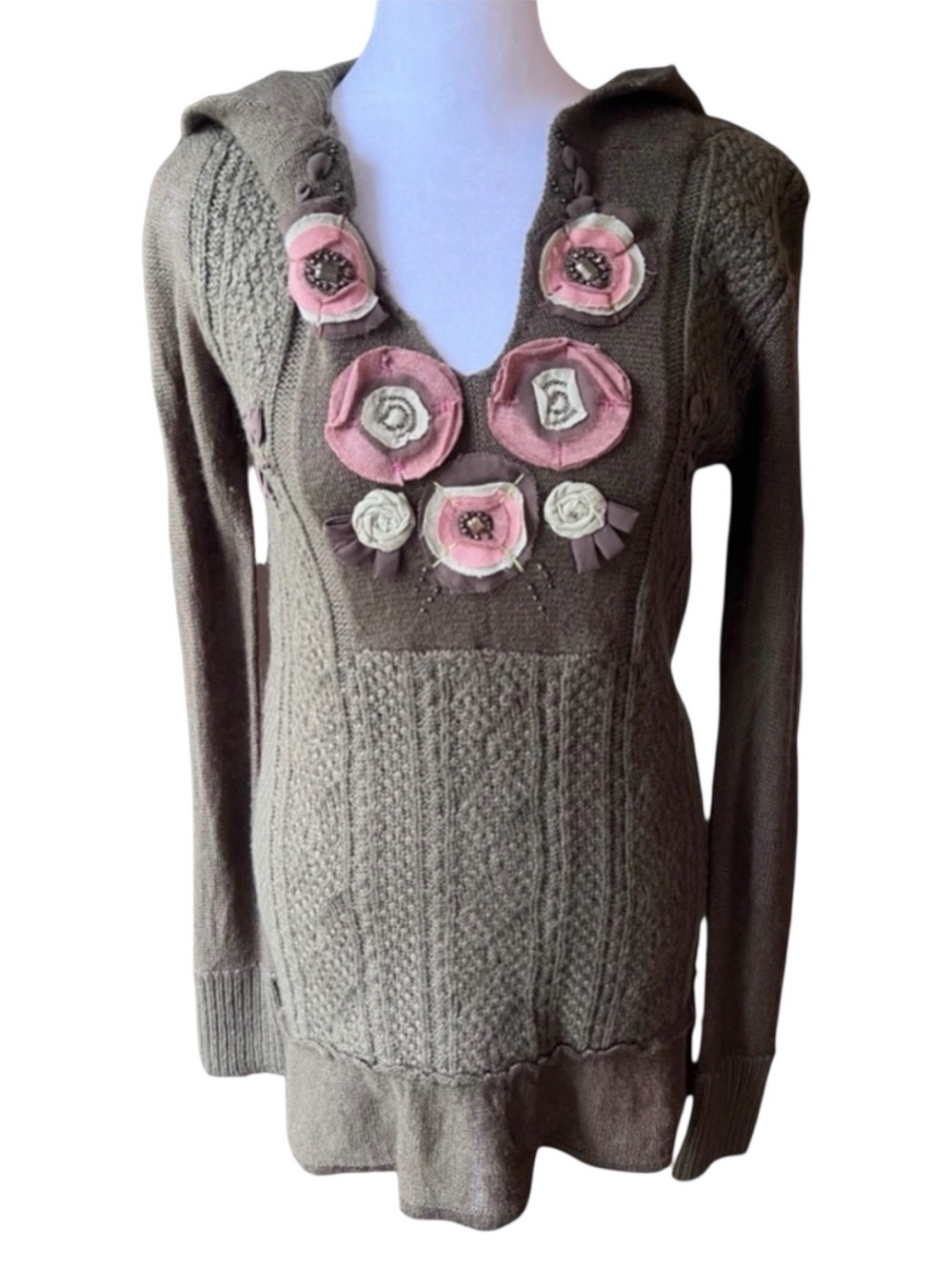 HUSH Forest Green Hooded Sweater Pink Flower Appliqués Size Small